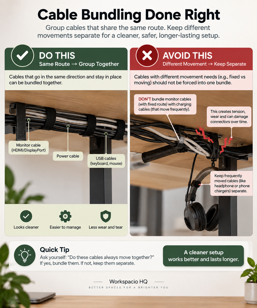 Correct way to bundle desk cables that share the same route