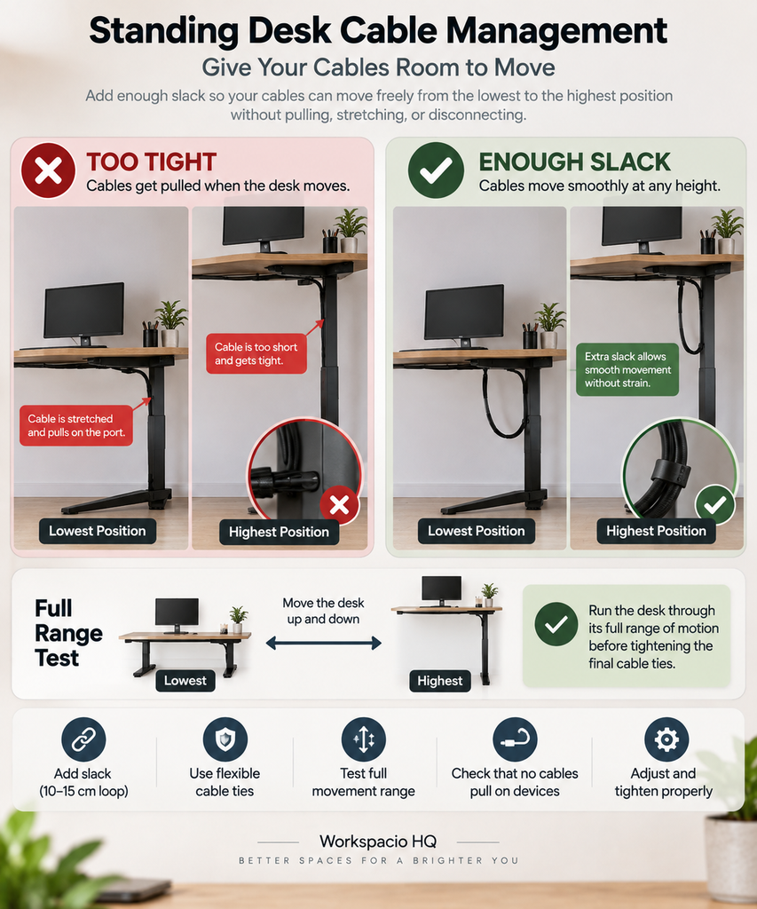 Standing desk cable management with proper cable slack