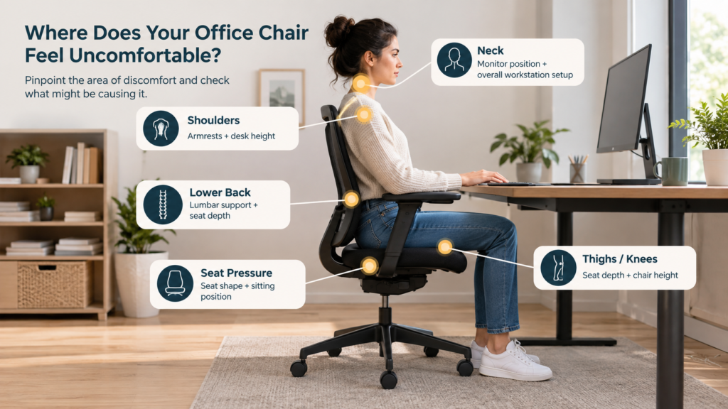 Office chair uncomfortable after a few hours: common areas of discomfort